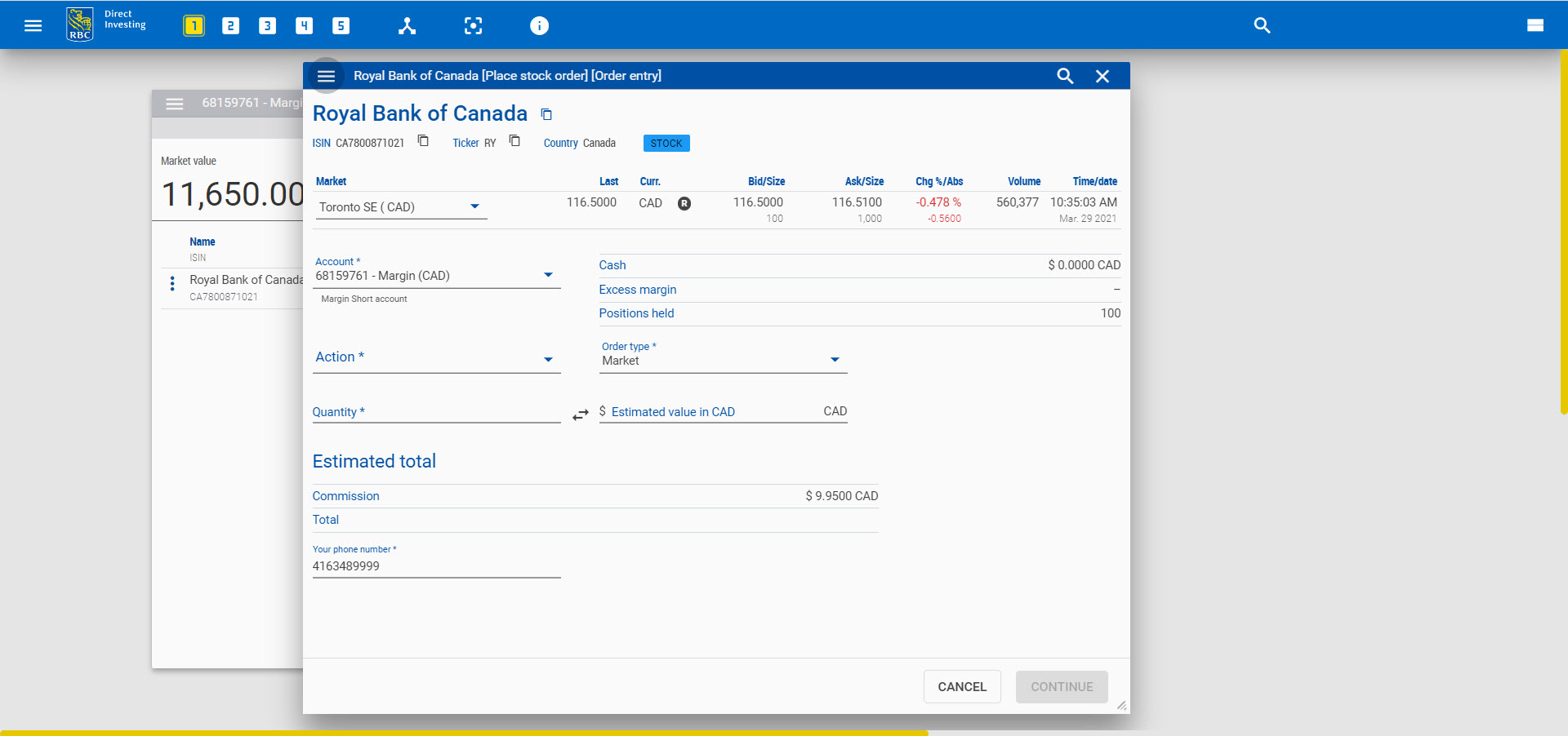 Screenshot of the order entry form.